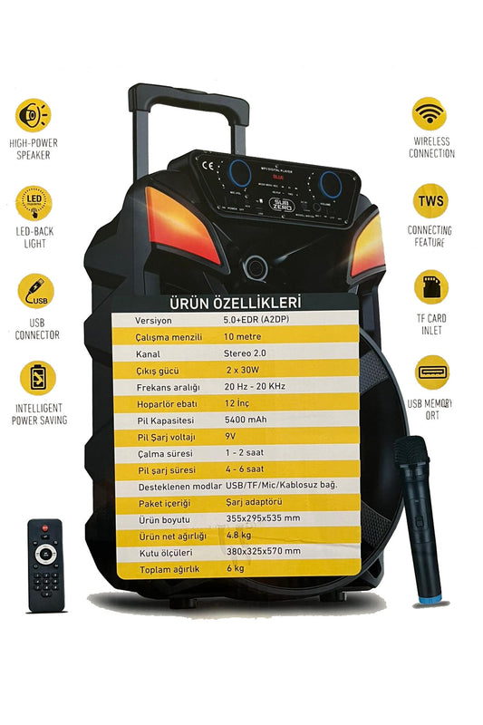 Bluetooth Hoparlör Speaker Karaoke Mikrofonlu Süper Bas Hoparlör 2x30W Büyük Boy Tekerlekli 5400mAh - Görsel 2