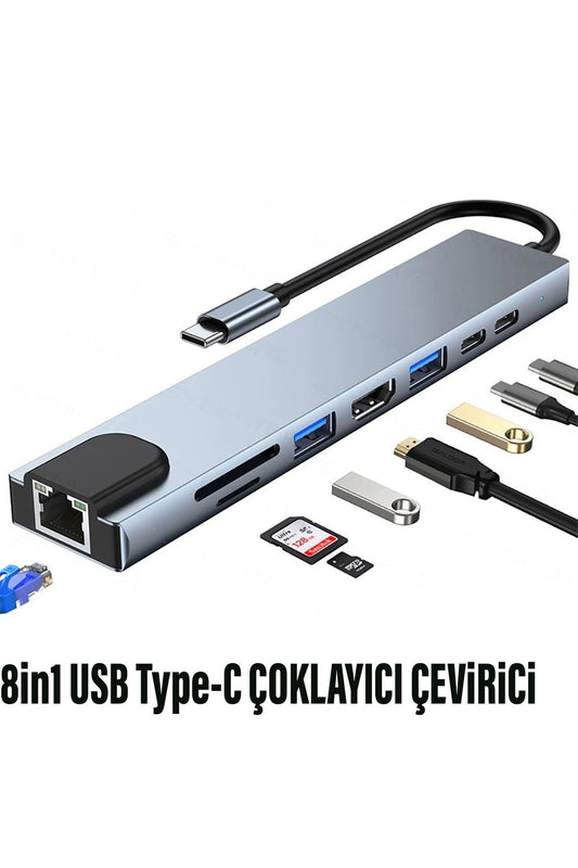 SHAZA 8in1 USB Type-C Hub Çoklayıcı Tablet Bilgisayar Telefon Port Adaptör HDMI USB Ethernet PD Girişli