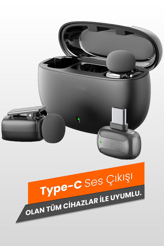 Kablosuz TYPE-C Yaka Mikrofonu Profesyonel 2 Mikrofonlu TypeC