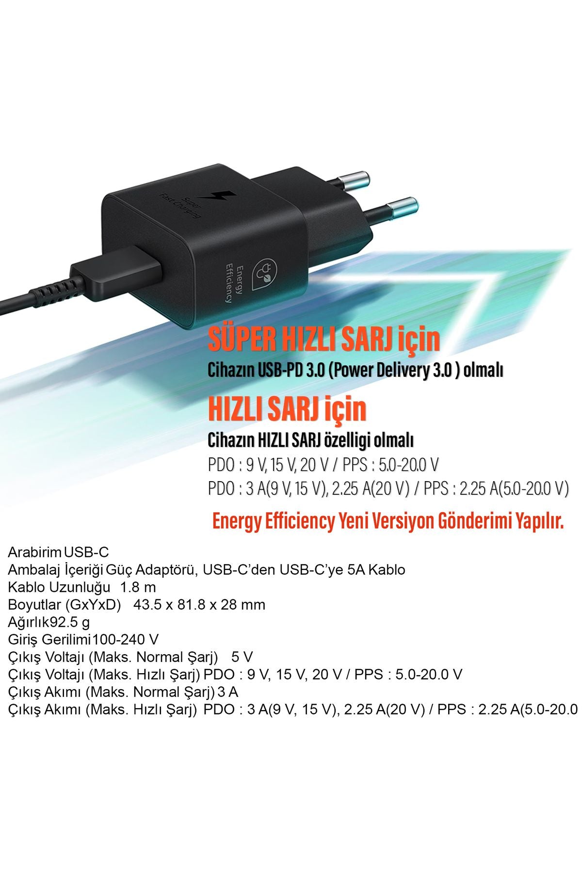 45W Type C Süper Hızlı Şarj Aleti ve Kablosu EP-T4511XBEGWW (Samsung Türkiye Garantili) T4511X - Görsel 3