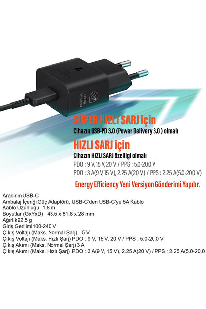45W Type C Süper Hızlı Şarj Aleti ve Kablosu EP-T4511XBEGWW (Samsung Türkiye Garantili) T4511X - Görsel 3