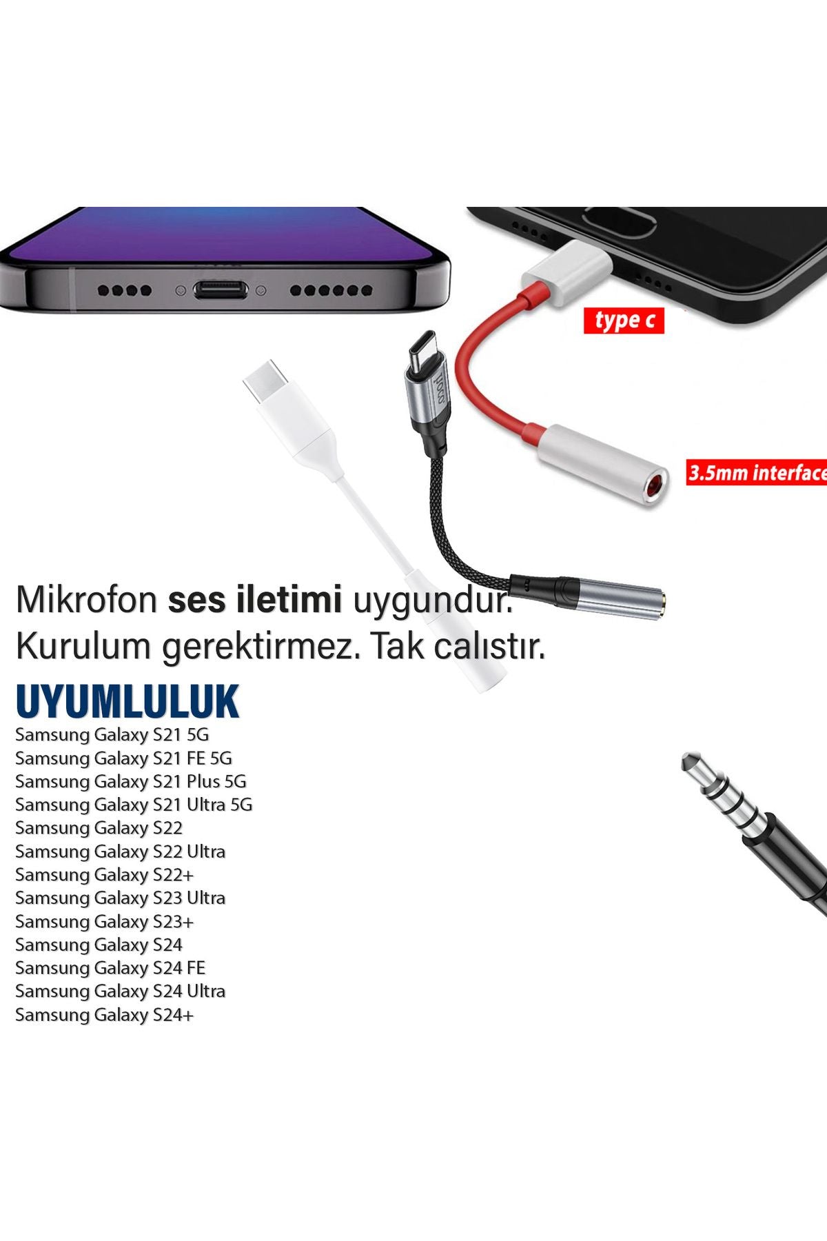 Samsung S23 - S23 fe - S23 Ultra - S23 Plus 3.5mm Jack Aparat Çevirici  Kulaklık Dönüştürücü Type-C - Görsel 3
