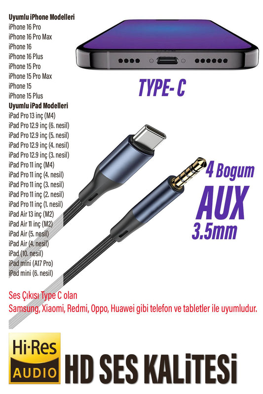 iPhone 15 iPhone 16 Serisi Uyumlu Telefon Konuşması Yapılabilir Araç Araba AUX Type-C Çevirici Kablo - Görsel 2