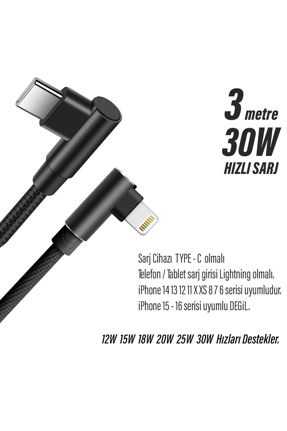 3 Metre Uzun TYPE-C Şarj Kablosu iPhone 14 13 12 11 Uyumlu HIZLI  Şarj (Pro Pro Max Plus Uyumlu) - Görsel 3