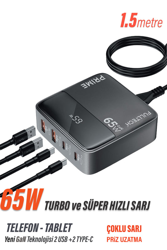 45W Süper Hızlı - 65W Turbo Hızlı Şarj Cihazı 4in1 Gan Teknolojisi 2 USB+2 Type-C Pd 3.0 LCD Ekranlı