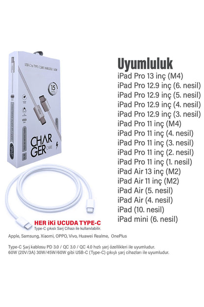 Tablet iPad Pro 12.9inç 3. 4. 5. 6. Nesil Uyumlu Şarj Kablosu Type-C 60W - Görsel 4