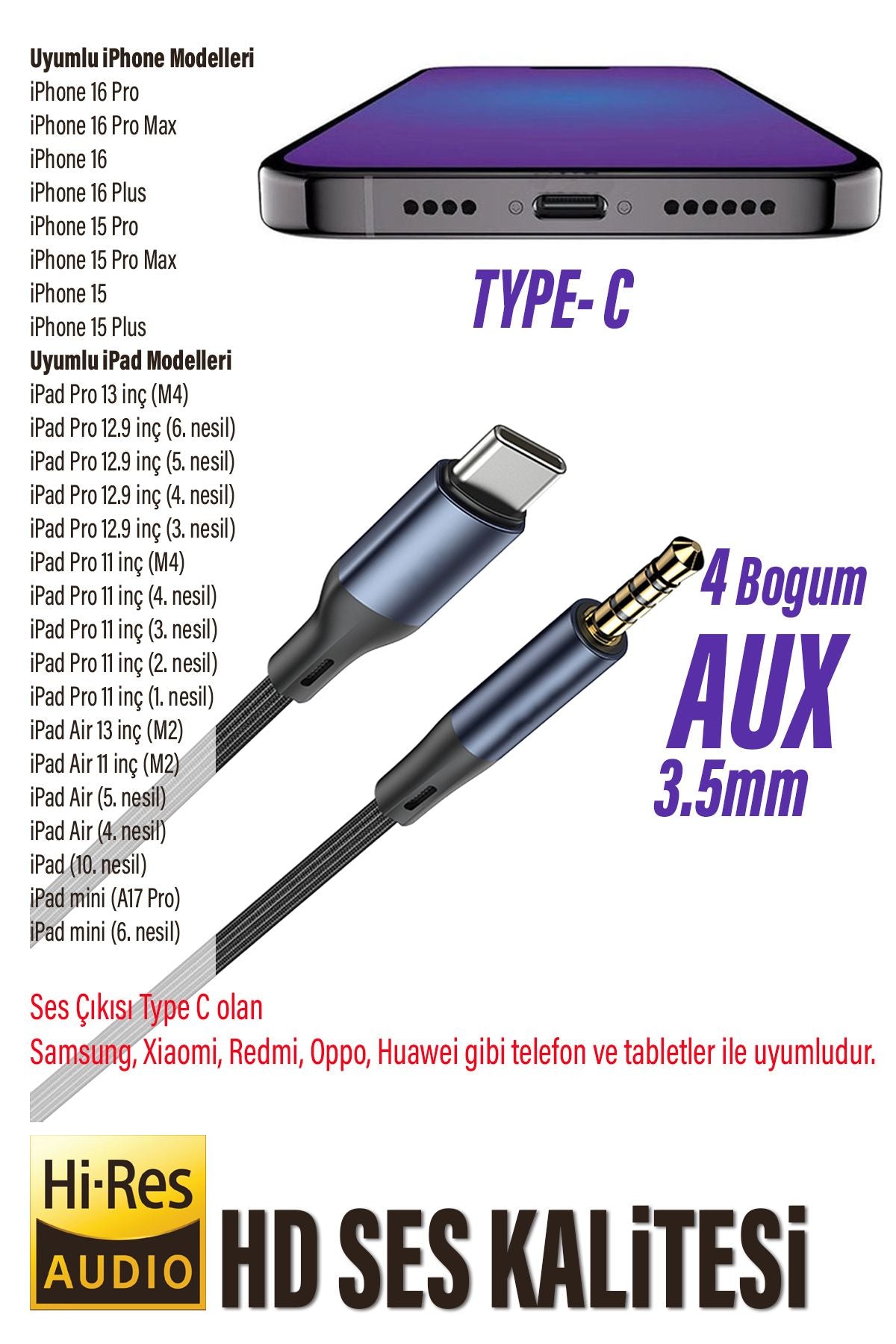 iPhone 16 - 16 pro - 16 Pro Max Telefon Konuşma Yapılabilir AUX Kablo Type-C Çevirici Kablo - Görsel 5