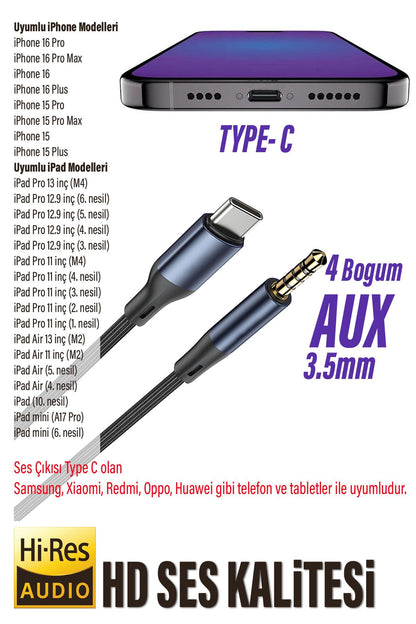 iPhone 16 - 16 pro - 16 Pro Max Telefon Konuşma Yapılabilir AUX Kablo Type-C Çevirici Kablo - Görsel 5