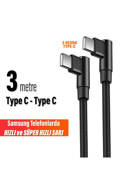3 Metre TYPE-C Şarj Kablosu HIZLI Şarj Samsung Uyumlu Type c to Type C Uzun