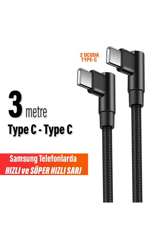 3 Metre TYPE-C Şarj Kablosu HIZLI Şarj Samsung Uyumlu Type c to Type C Uzun