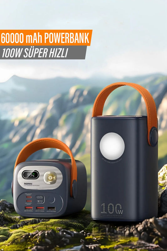 60.000 mAh Powerbank Hızlı Şarj PD 100W Taşıma Askılı Şarj İstasyonu Led Işıklı 3xUSB 2xType-C