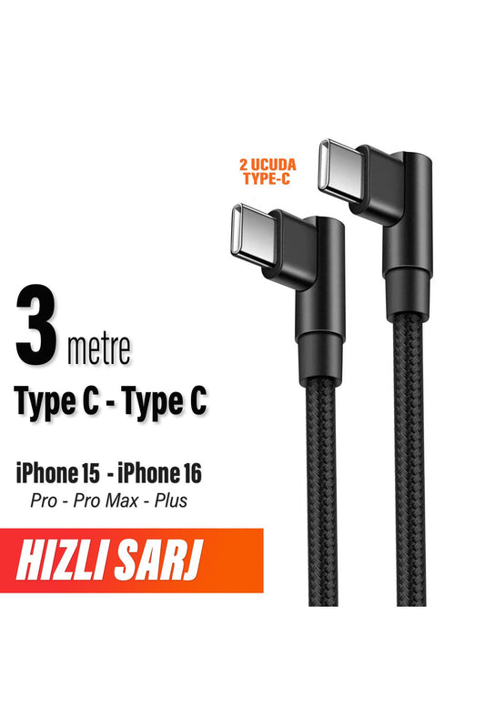 iPhone 15 - 16 - Pro - Pro Max - Plus Şarj Kablosu Uzun 3 metre Type C to Type C Hızlı Şarj Kablosu