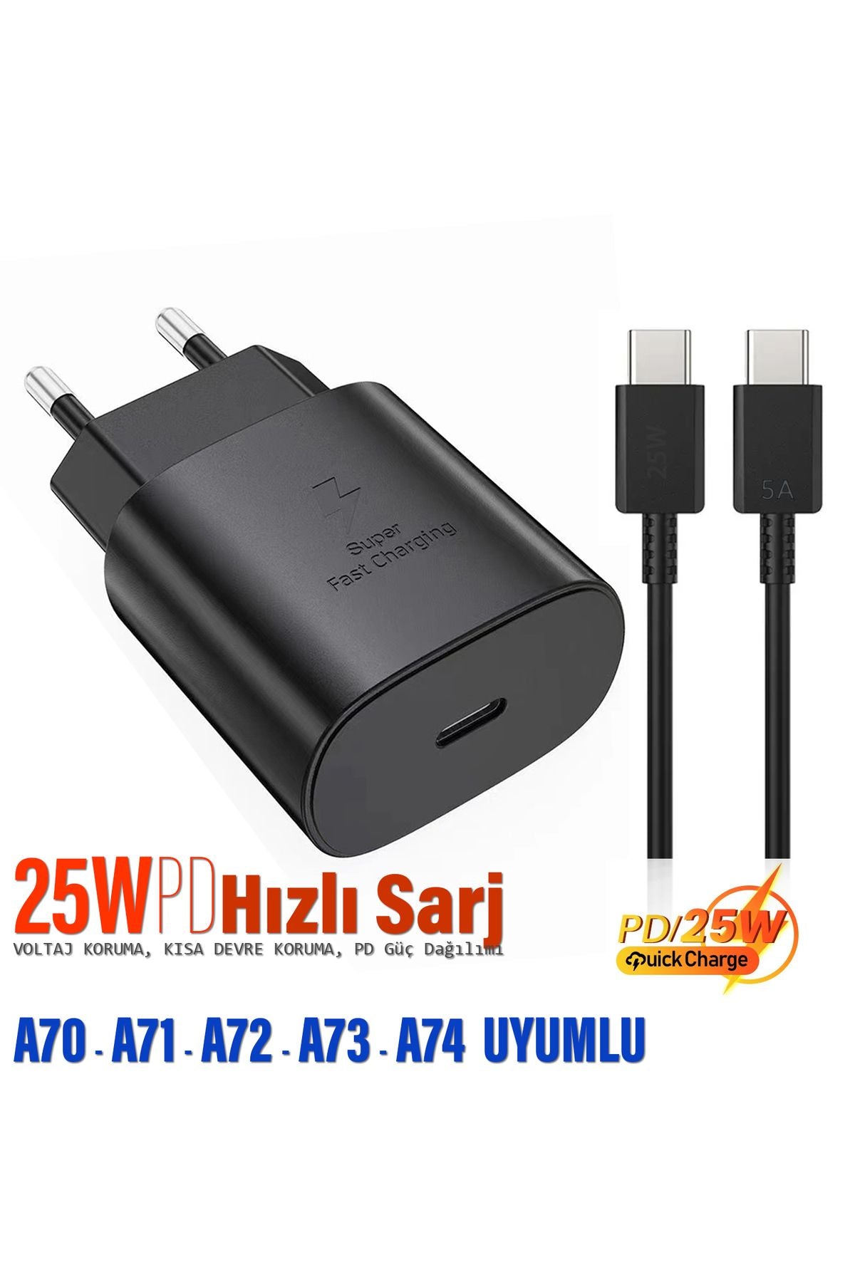 Samsung A70 Uyumlu HIZLI Şarj Aleti ve 25W HIZLI Type-C 5A Hızlı Şarj Kablo