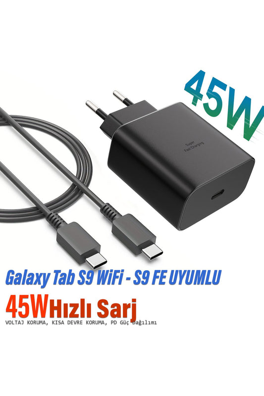 Samsung Galaxy Tab S9 WiFi Tablet Uyumlu Şarj Cihazı ve Kablosu 45W Süper Hızlı Şarj