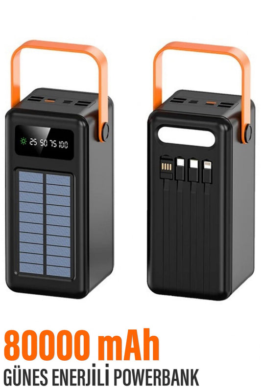 Güneş Enerjili 80.000 mAh Powerbank Hızlı Şarj Kamp Ledli Işıklı Powerbank Kendinden Kablolu Solar