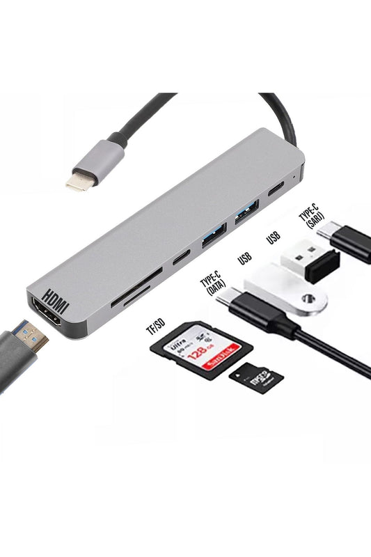 7in1 Type-C HDMI Çevirici Hub Çoklayıcı Tablet-PC-Telefon-TV Adaptör HDMI 4K/USB/TF/SD/TYPEC Giriş - Görsel 2