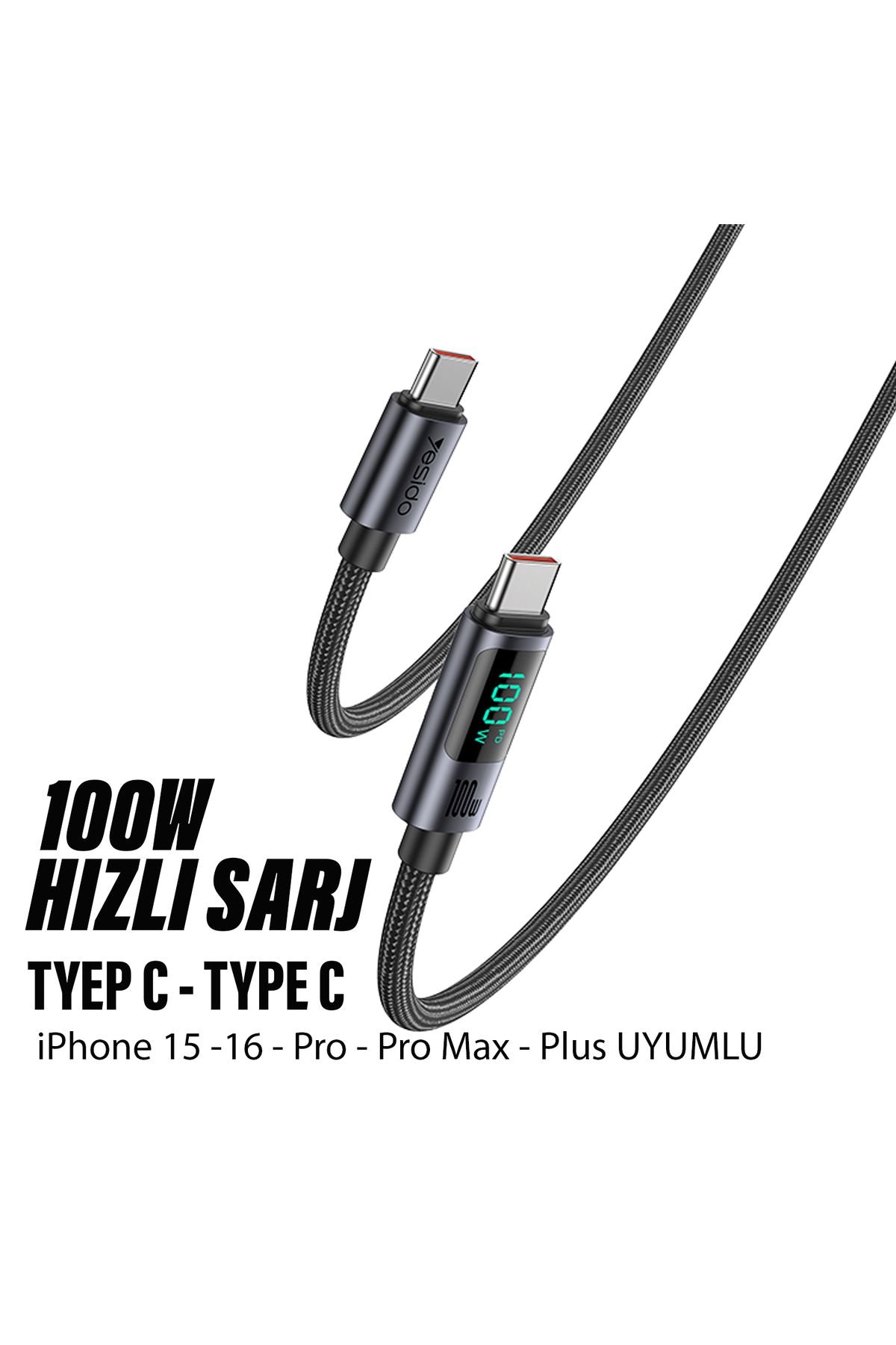 100W Type C to Type C Hızlı Şarj Kablosu 120cm Led Göstergeli 120cm 100W HIZLI