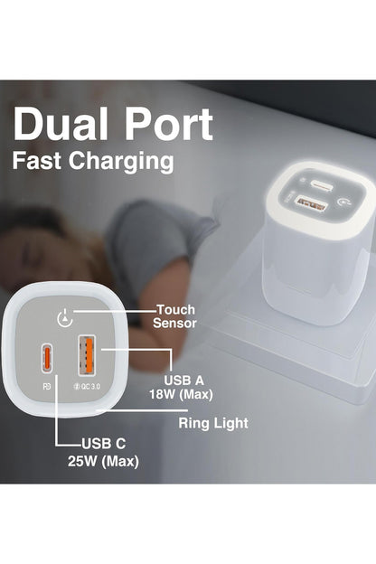 30W USB-C to Type-C / USB + PD Hızlı Şarj Aleti - Gece Lambası - Dokunmatik LEDLİ Şarj Aleti - Görsel 4