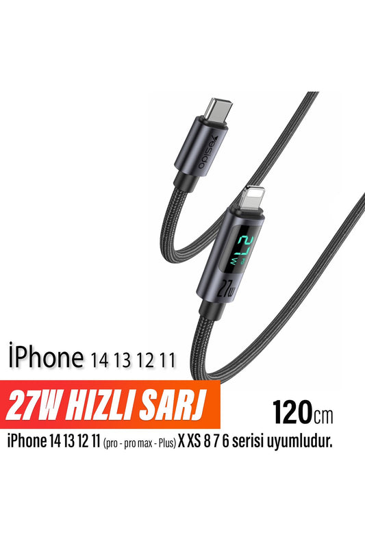 iPhone Lightning Hızlı Şarj Kablosu iPhone 14 13 12 11 Uyumlu Hızlı 27W Led Göstergeli 120cm