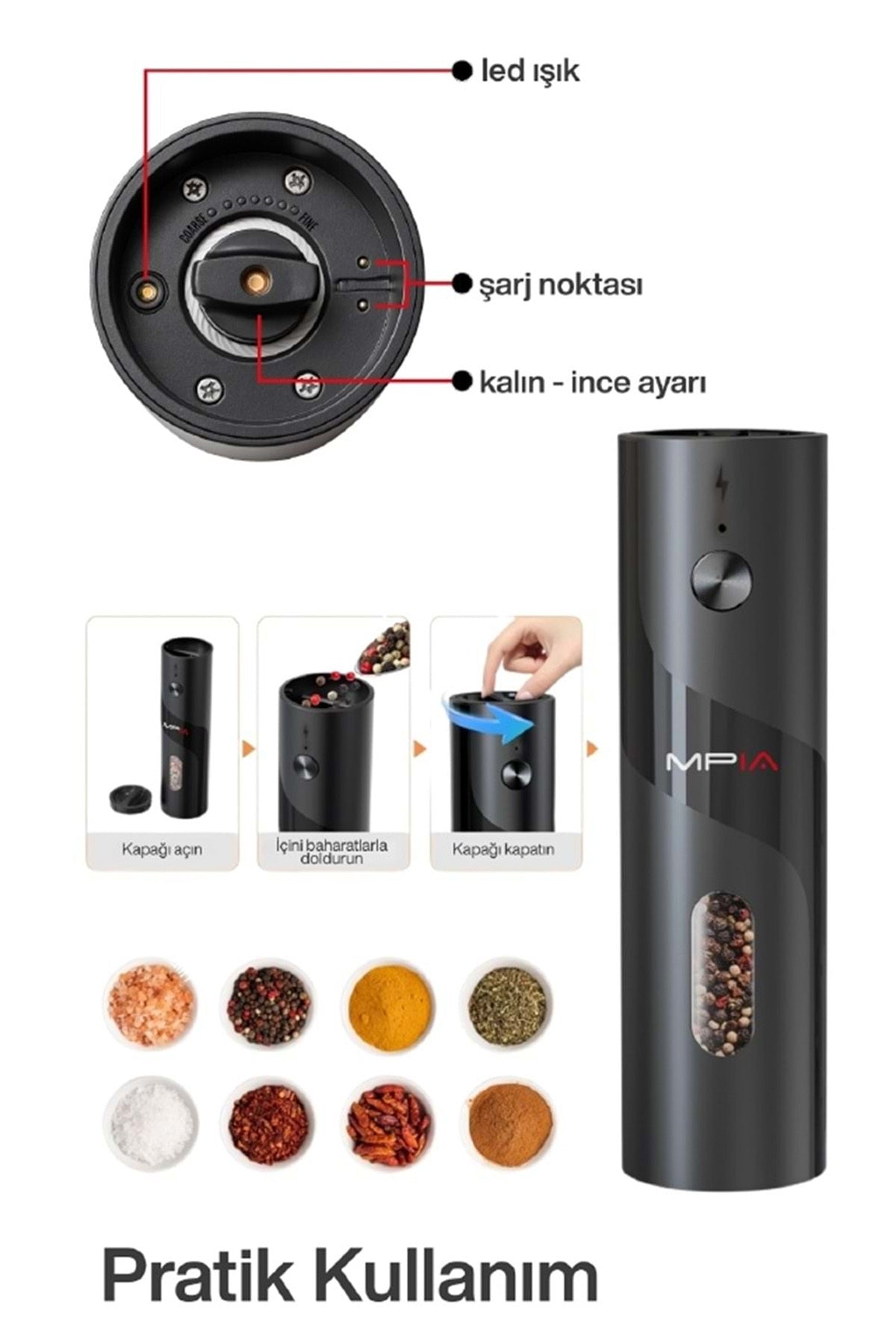 Elektrikli Tuz ve Karabiber Değirmeni Şarjlı Otomatik Baharat Öğütücü 110ML - Görsel 3