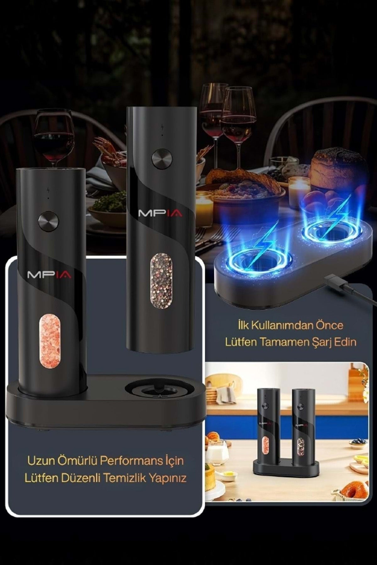 Elektrikli Tuz ve Karabiber Değirmeni Şarjlı Otomatik Baharat Öğütücü 110ML - Görsel 6