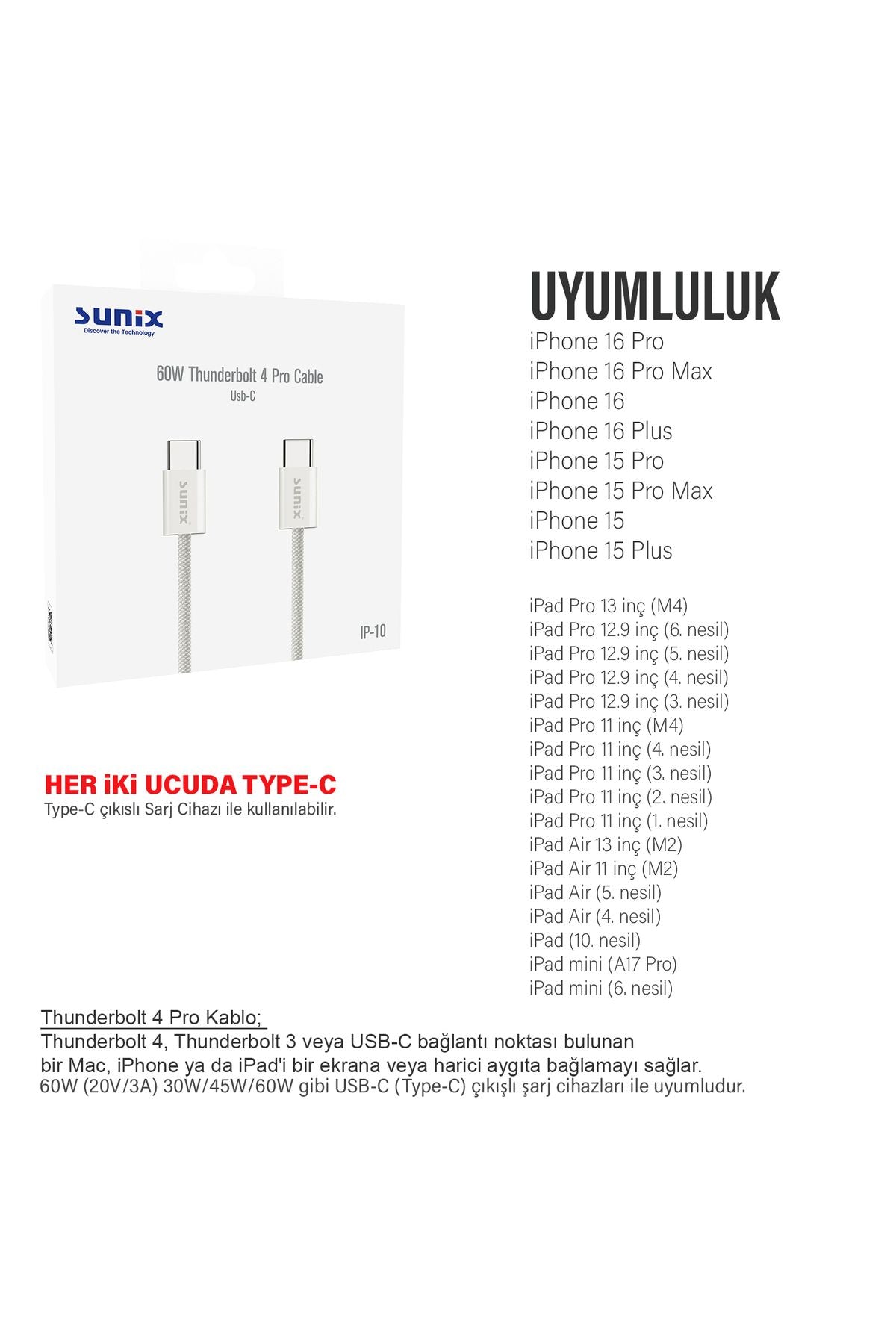 iPhone 16-16 Plus  16 Pro-16 Pro Max Type-C Şarj Kablosu Thunderbolt 4 (USB-C) HIZLI 60W - Görsel 2