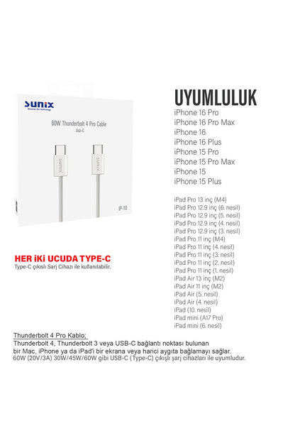 iPhone 16-16 Plus  16 Pro-16 Pro Max Type-C Şarj Kablosu Thunderbolt 4 (USB-C) HIZLI 60W - Görsel 2