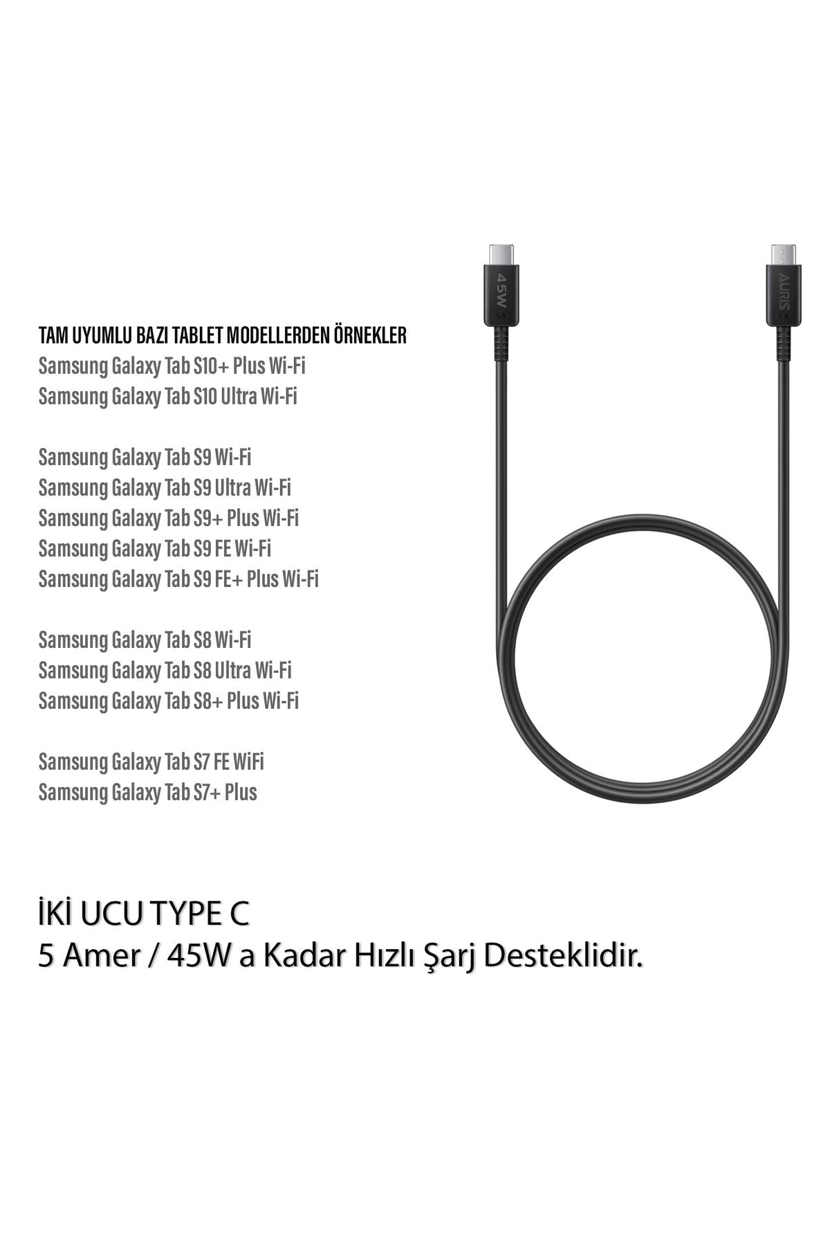 Samsung Galaxy Tab S7 Tab S8 Tab S9 Tab S10 Type C Hızlı Şarj Kablosu - Görsel 2