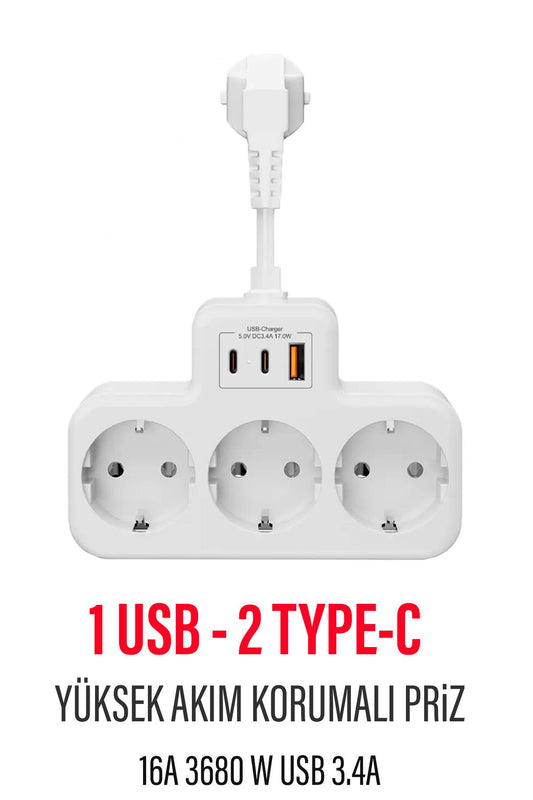 Çoklu Kablolu Priz -Priz Çoğaltıcı-Priz Dönüştürücü 1USB - 2Type-C Girişli Yüksek Akım Korumalı Fiş
