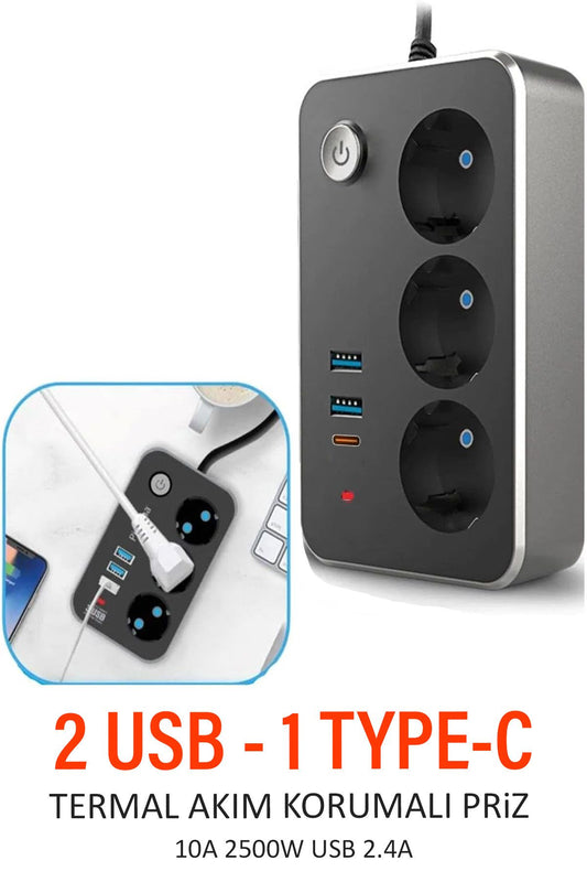 USB Type-C Priz Dönüştürücü Şarj Adaptörü Priz-2 USB-1 Type-C 2 M Kablo Girişli Çoklu Fiş 2500W