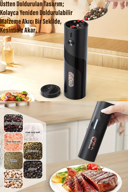 Elektrikli Tuz ve Karabiber Değirmeni Şarjlı Otomatik Baharat Öğütücü 110ML - Görsel 4