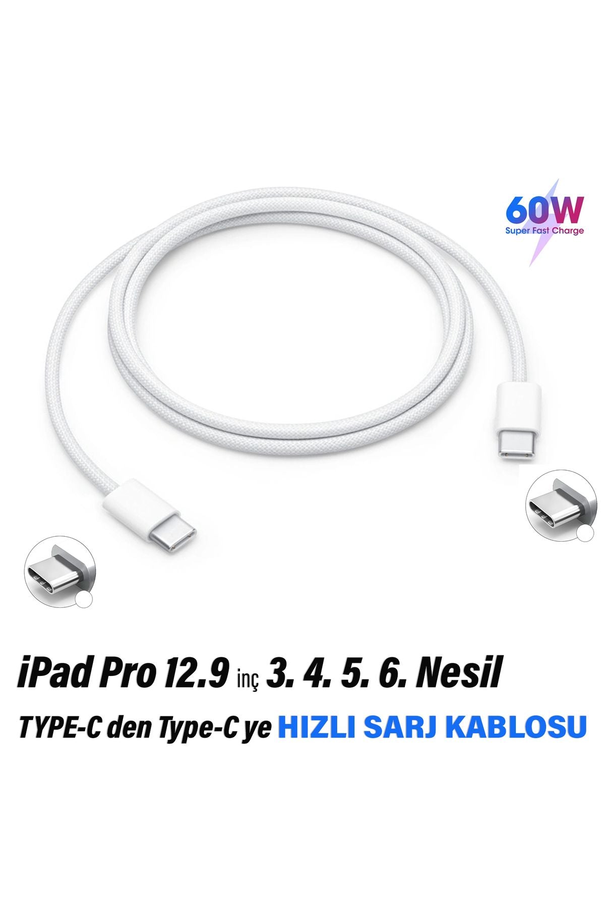 Tablet iPad Pro 12.9inç 3. 4. 5. 6. Nesil Uyumlu Şarj Kablosu Type-C 60W
