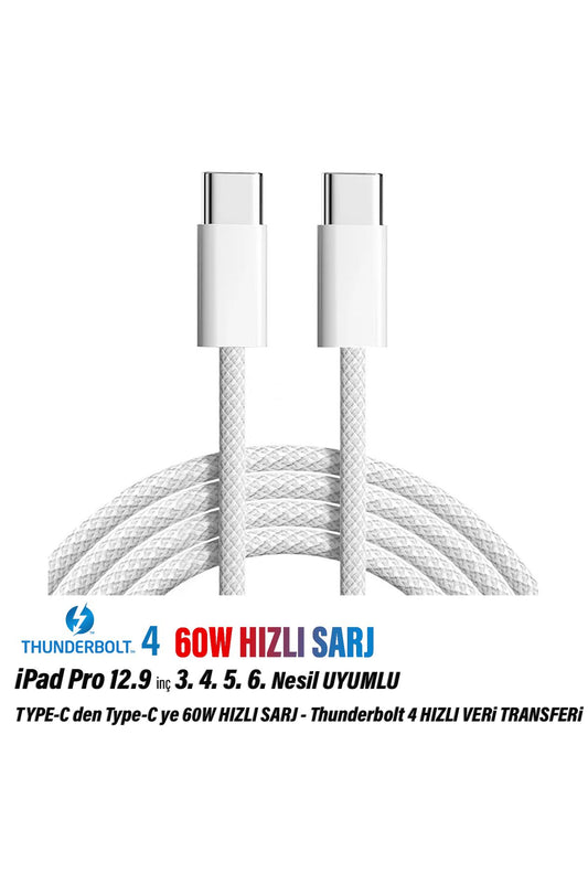 iPad Pro 12.9inç 3. 4. 5. 6. Nesil Tablet Şarj Kablosu Type-C Thunderbolt 4 60W