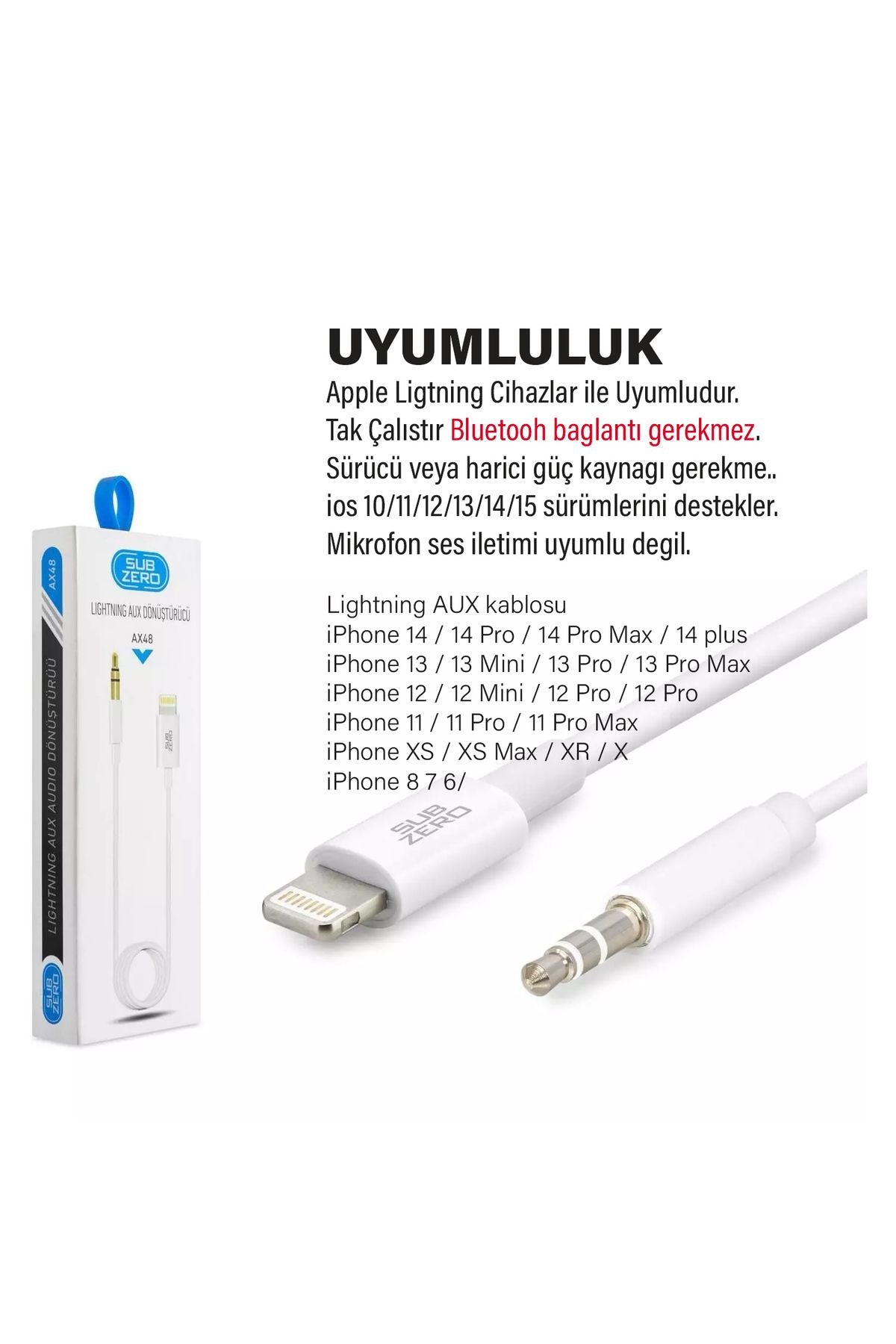iPhone 11 12 13 14 Uyumlu Araç AUX Ses Kablosu 1 metre Lightning 3.5mm Jack - Görsel 2