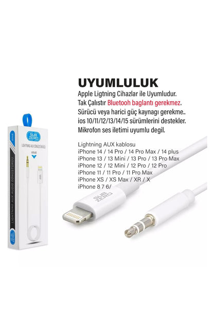 iPhone 11 12 13 14 Uyumlu Araç AUX Ses Kablosu 1 metre Lightning 3.5mm Jack - Görsel 2