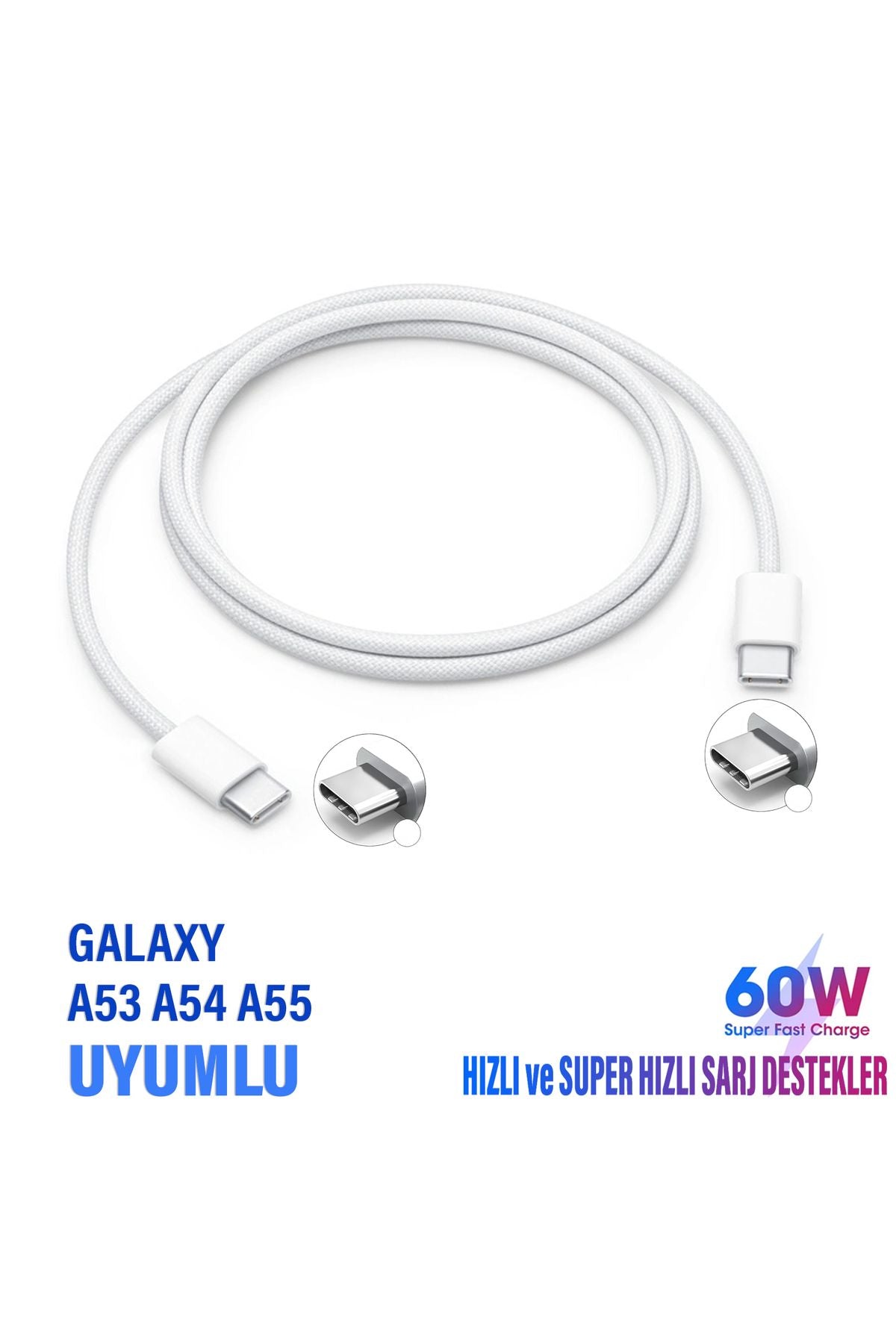 Samsung A53 A54 A55 Hızlı Şarj Kablosu Type-C to Type-C Şarj Kablosu 60W İki Ucu Type C