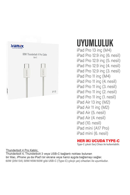 iPad Pro 11 inç 1. 2. 3. 4. Nesil Tablet Şarj Kablosu Type-C Thunderbolt 4 60W - Görsel 3