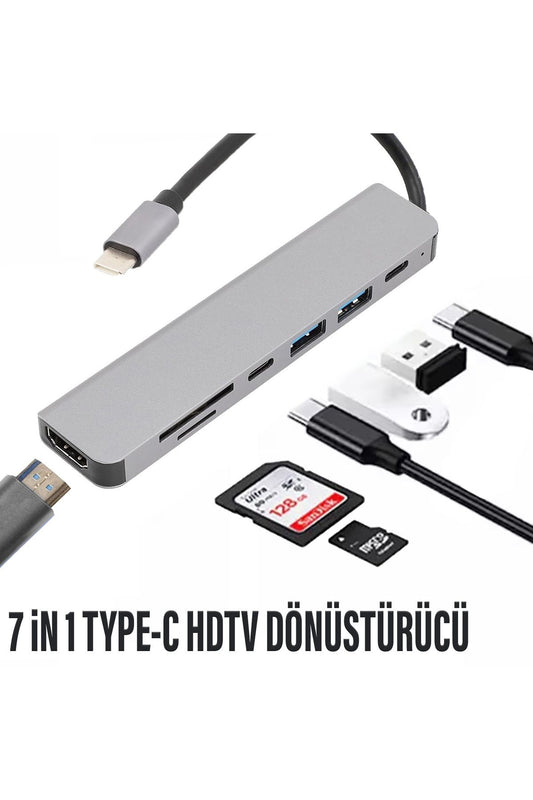 7in1 Type-C HDMI Çevirici Hub Çoklayıcı Tablet-PC-Telefon-TV Adaptör HDMI 4K/USB/TF/SD/TYPEC Giriş