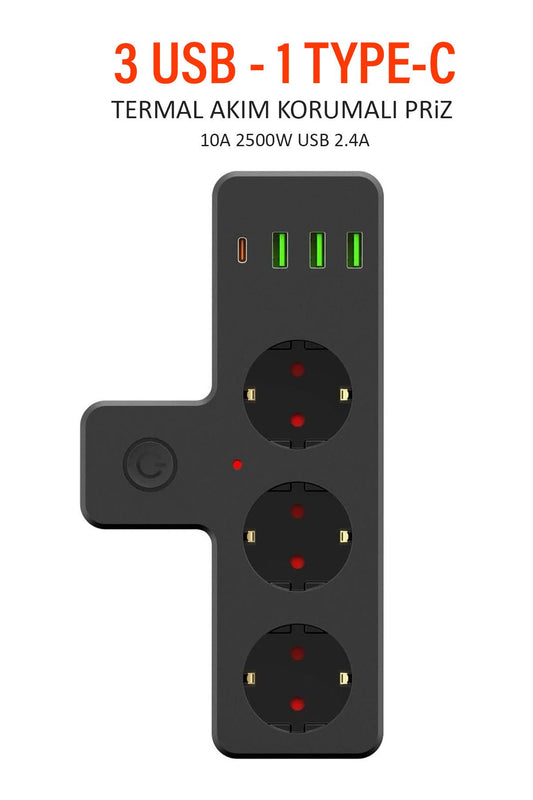 USB Type-C Priz Dönüştürücü Şarj Adaptörü Priz-3 USB-1 Type-C Girişli Çoklu Fiş Priz Çoklayıcı 2500W