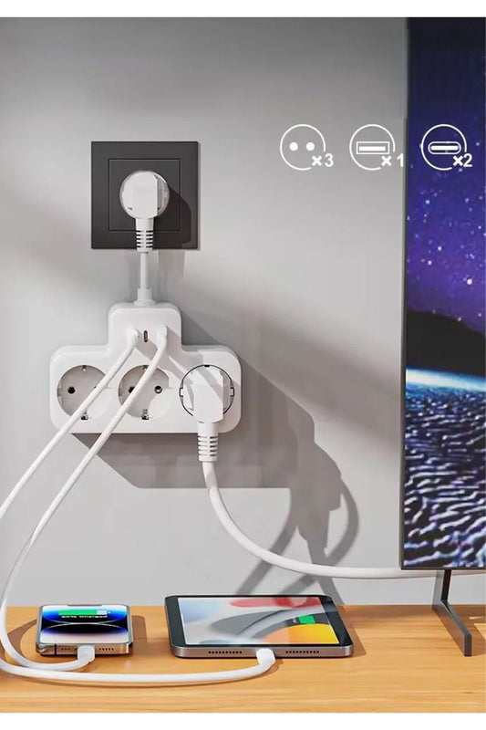 Çoklu Kablolu Priz -Priz Çoğaltıcı-Priz Dönüştürücü 1USB - 2Type-C Girişli Yüksek Akım Korumalı Fiş - Görsel 2