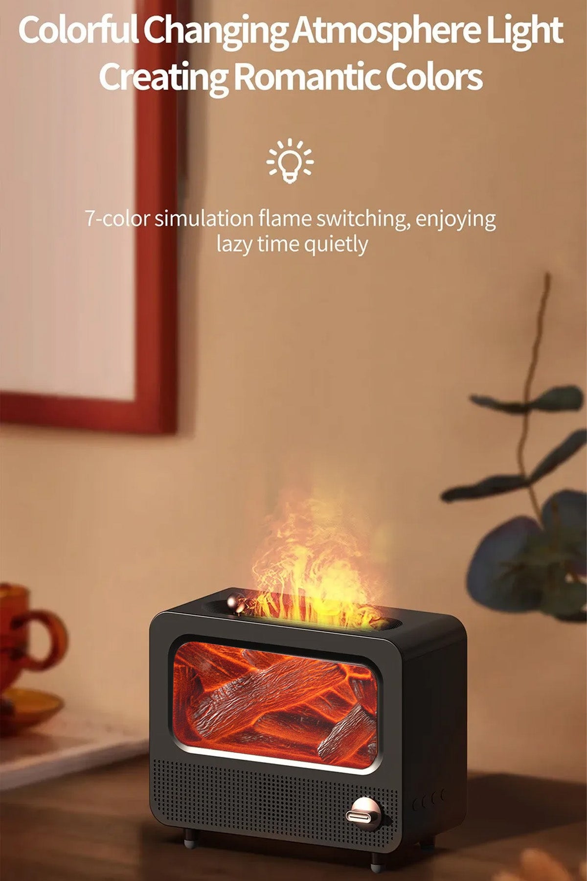 Alev Efektli Retro Hava Nemlendirici Odun Çıtırtı Sesli Aroma Difüzörü Ultrasonik Buhar Makinesi