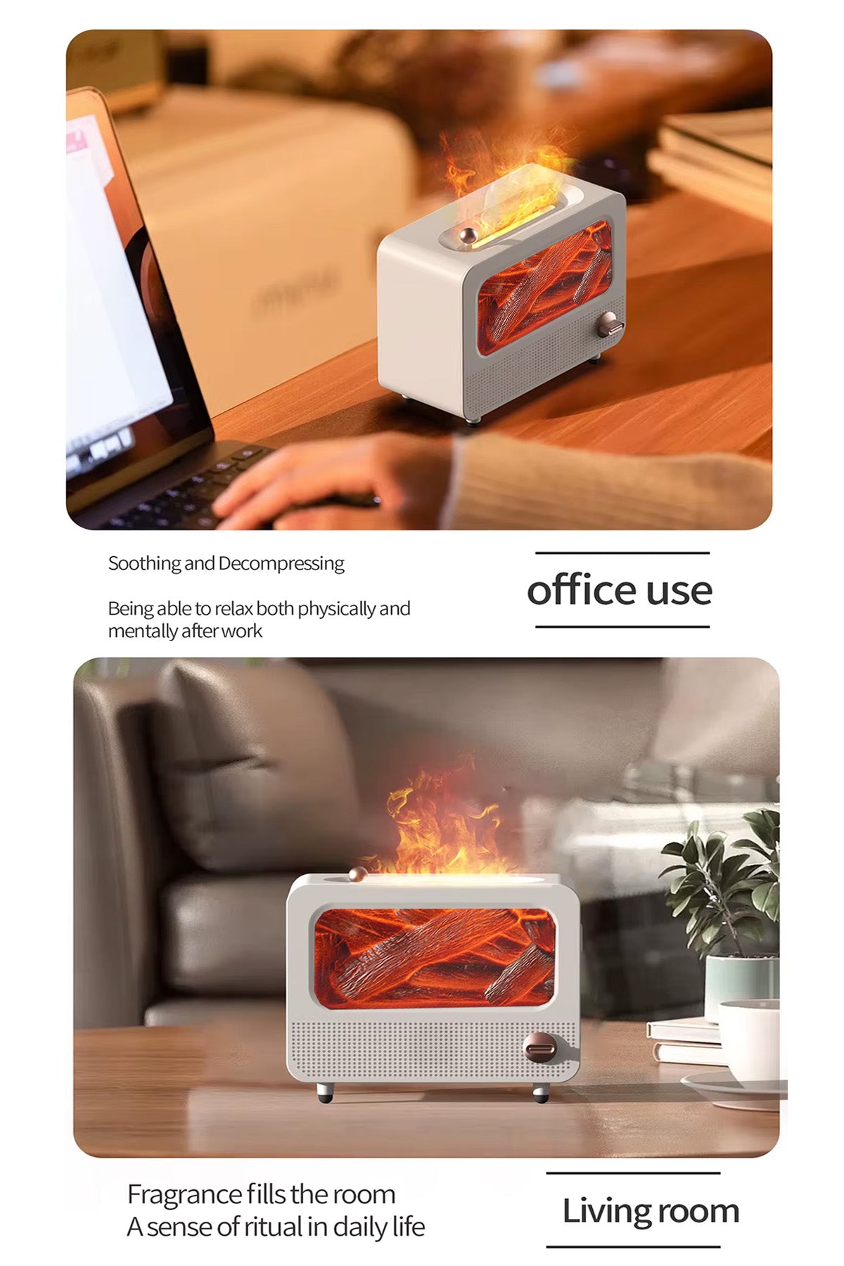 Alev Efektli Retro Hava Nemlendirici Odun Çıtırtı Sesli Aroma Difüzörü Ultrasonik Buhar Makinesi