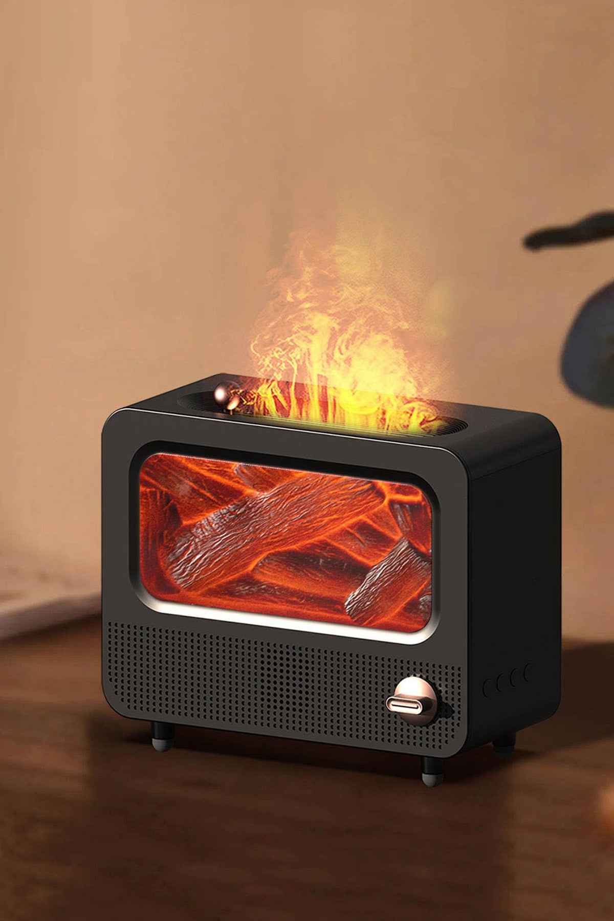 Alev Efektli Retro Hava Nemlendirici Odun Çıtırtı Sesli Aroma Difüzörü Ultrasonik Buhar Makinesi