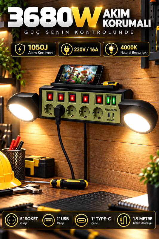 Fulltech FTR37 5'li Duvar Tipi Akım Korumalı Grup Priz Anahtarlı Topraklı 3680W - Siyah