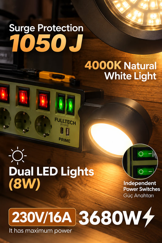 Fulltech FTR37 5'li Duvar Tipi Akım Korumalı Grup Priz Anahtarlı Topraklı 3680W - Siyah