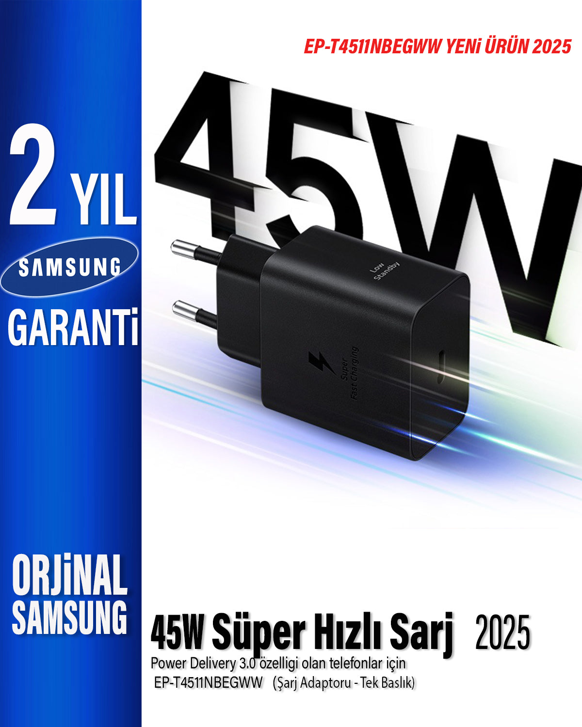 Samsung T4511N 45W Type C Süper Hızlı Şarj Adaptörü EP-T4511NBEGWW (Samsung Türkiye Garantili) T4511N