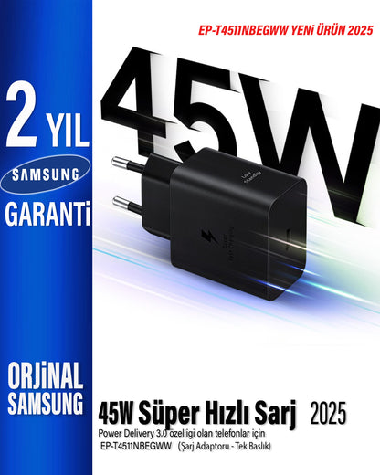 Samsung T4511N 45W Type C Süper Hızlı Şarj Adaptörü EP-T4511NBEGWW (Samsung Türkiye Garantili) T4511N