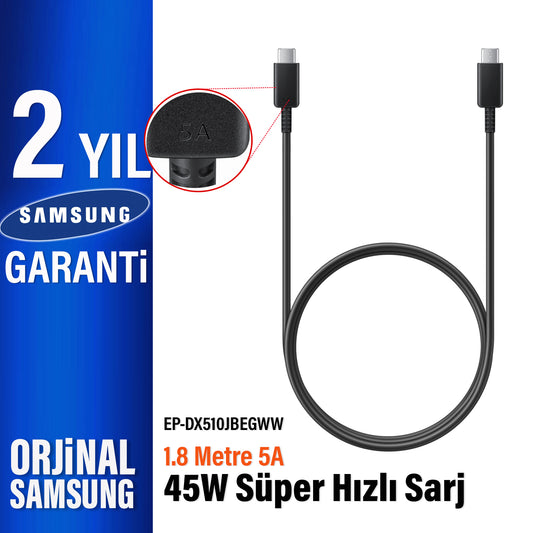 Samsung 45W DX510 Süper Hızlı Şarj Kablosu Orjinal Samsung Türkiye Garantili 1.8 Metre Uzun