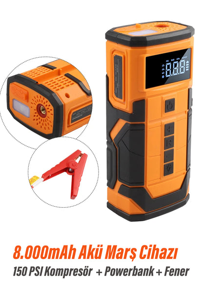 Akü Takviye Cihazı Hava Kompresörü Lastik Şişirme 150PSI 800A Güç 8000mAh Powerbank