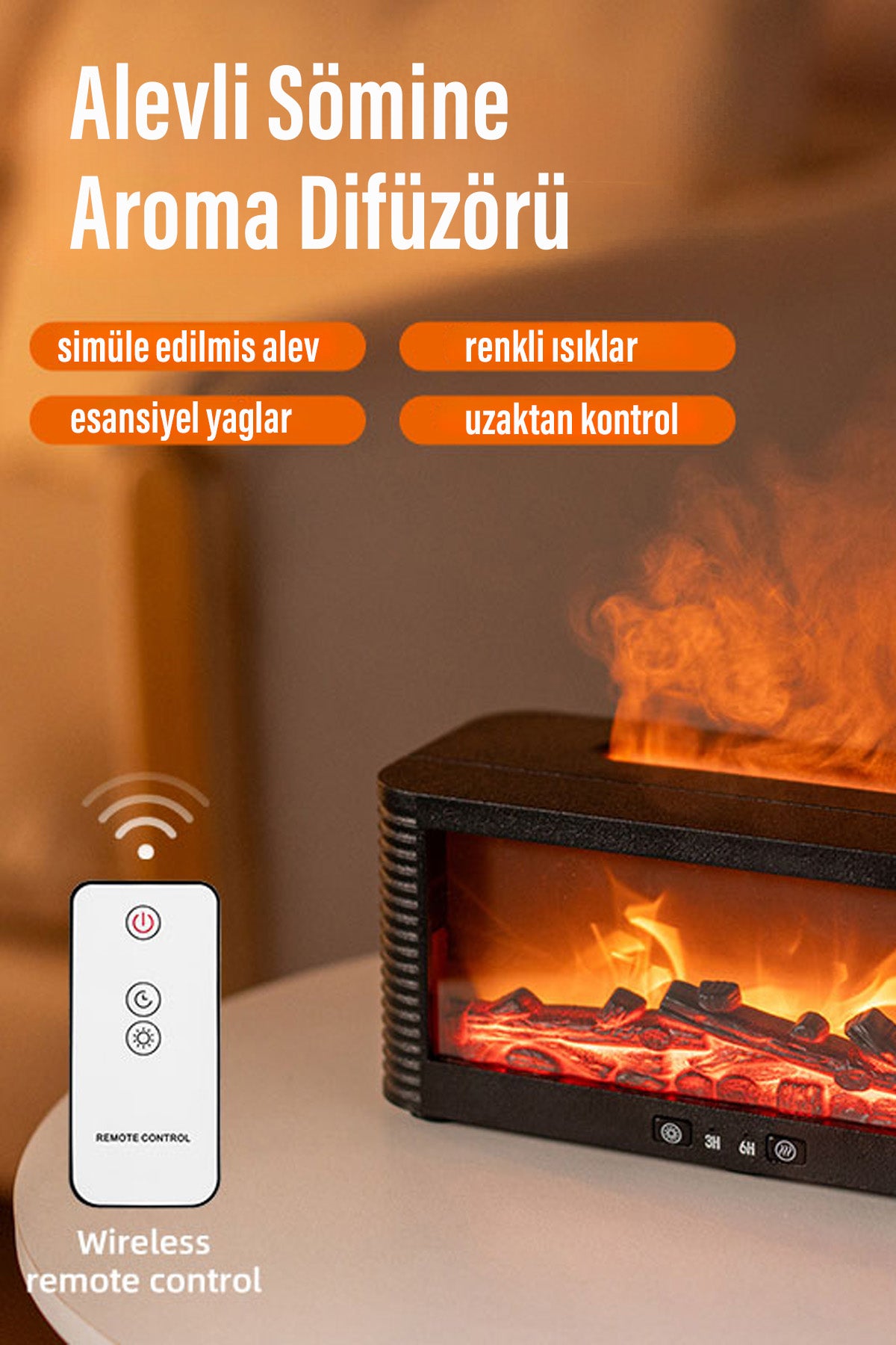 Ultrasonik Alev Efektli Şömine Görünümlü Hava Nemlendirici 3D Alev Aroma Difüzörü Buhar Makinesi